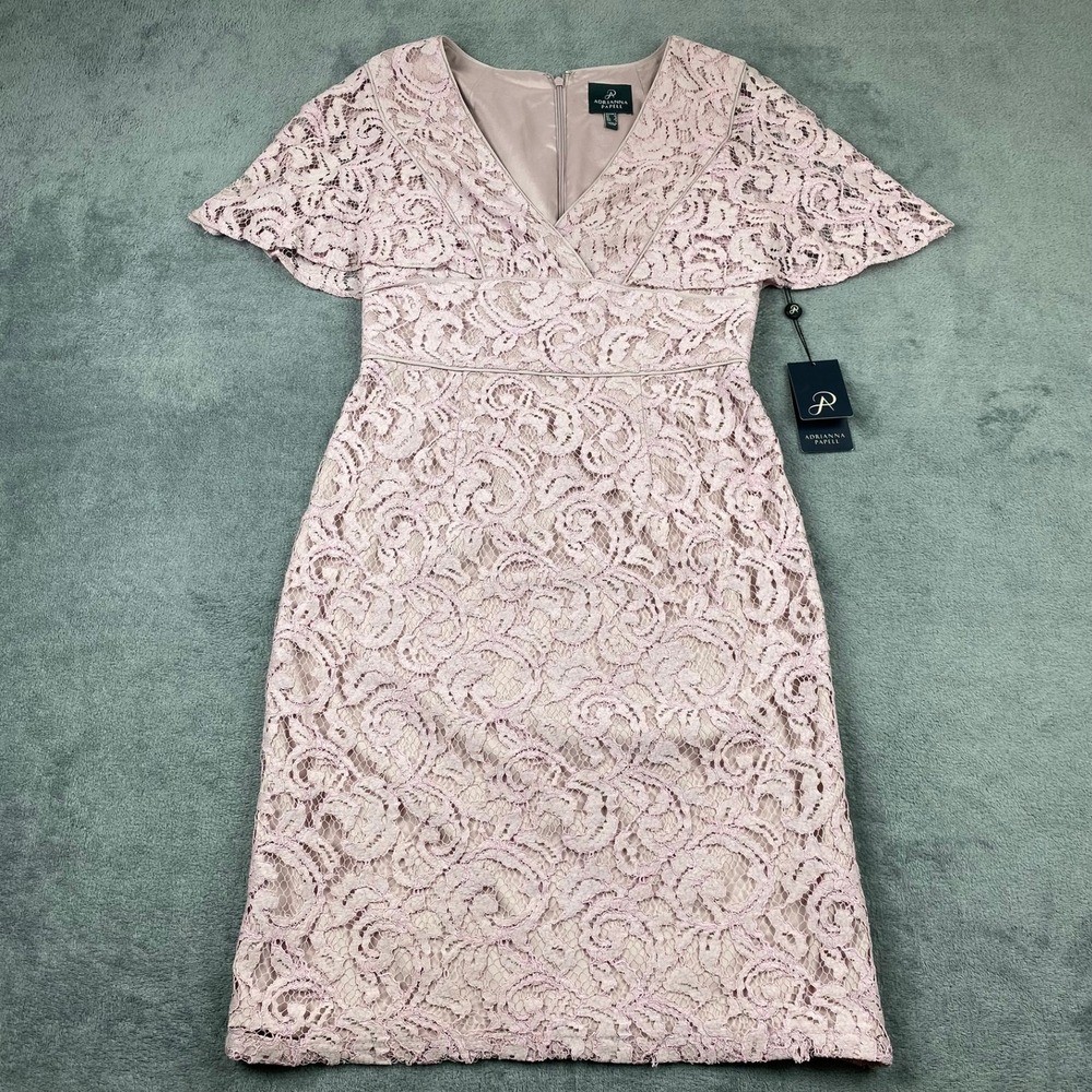 New Adrianna Papell 4 Sheath Dress Pink Lace Flutter Sleeve V-Neck Cocktail